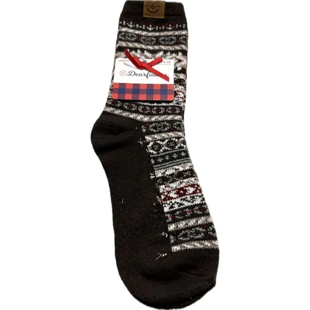 Dearfoams Brown Print & Fair Isle Logo Ribbed Trim Stretch Boot Socks-2 Pairs